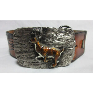 VTG Looper Leather Western Belt Buckle Tooled Belt Adjustable Buck Hunter USA